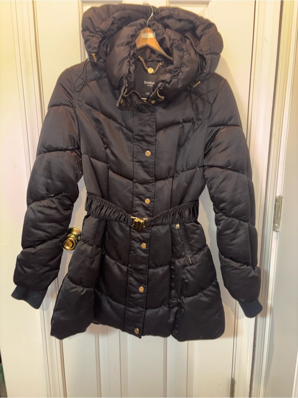 Bebe Black Quilted Hooded Puffer Coat with Belt-Medium